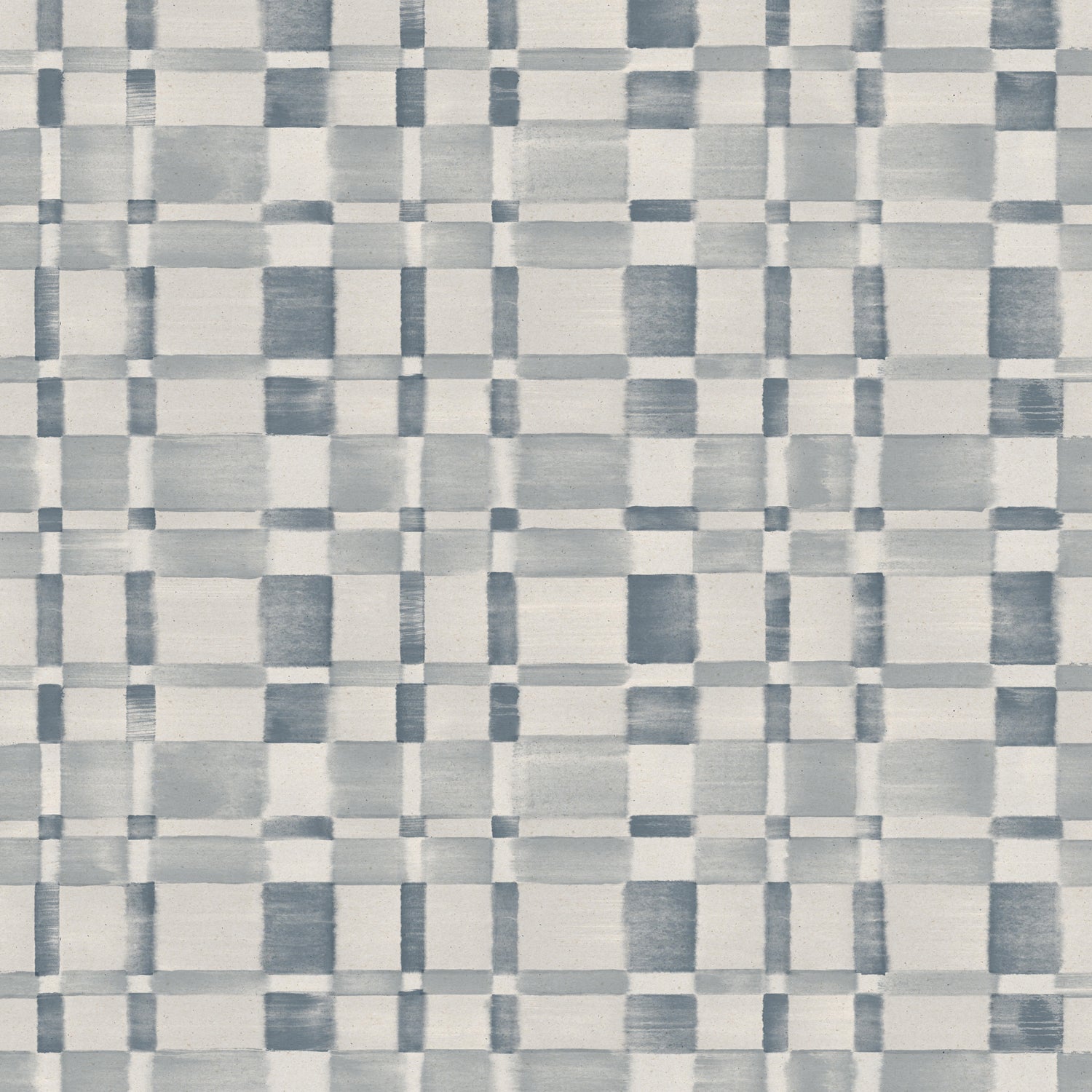 Wallpaper in a large-scale checked pattern in shades of steel blue and pale grey.