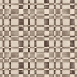 Detail of fabric in a large-scale checked pattern in shades of charcoal grey and cream.