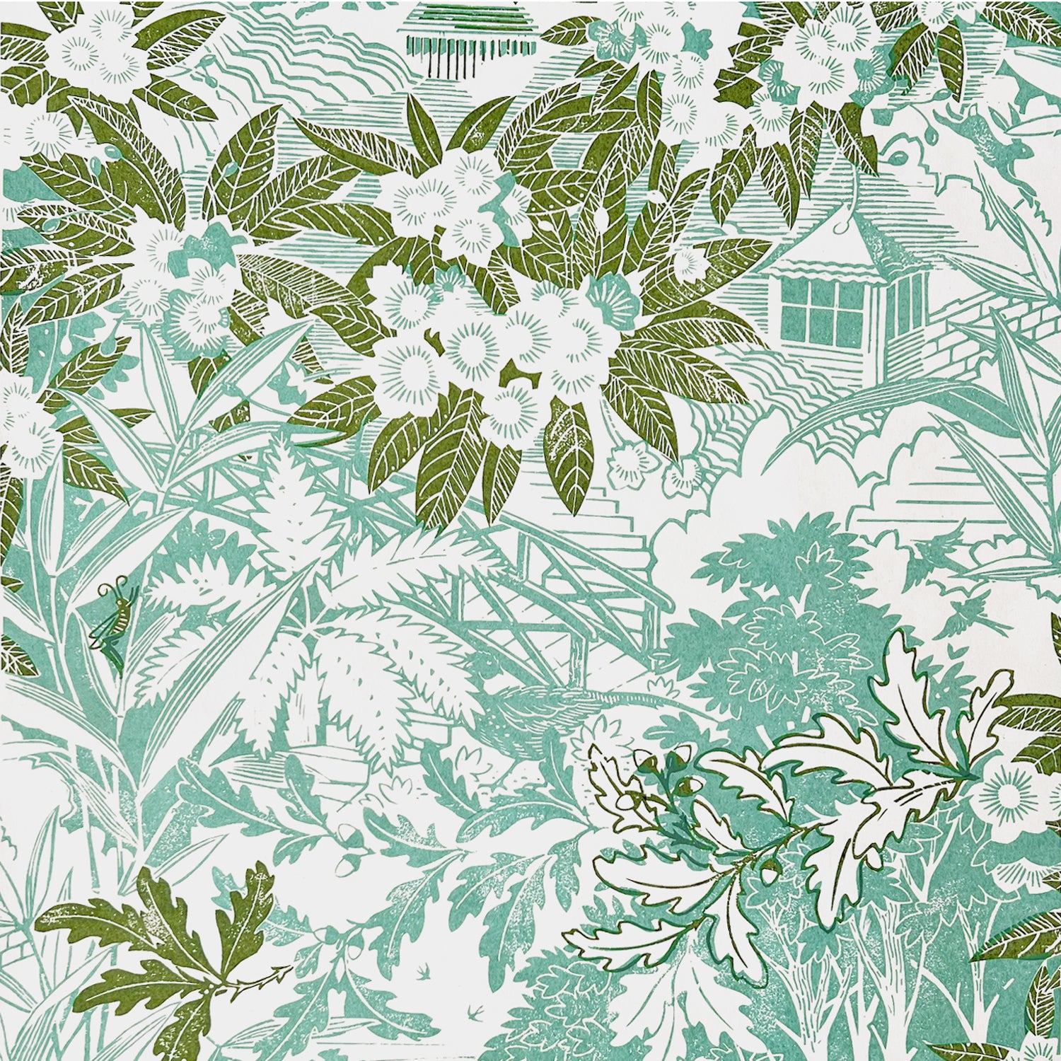 Patterned wallpaper with green leaves and white flowers on a light blue background