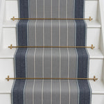 Striped herringbone in grey and blue on white staircase