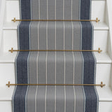 Striped herringbone in grey and blue on white staircase