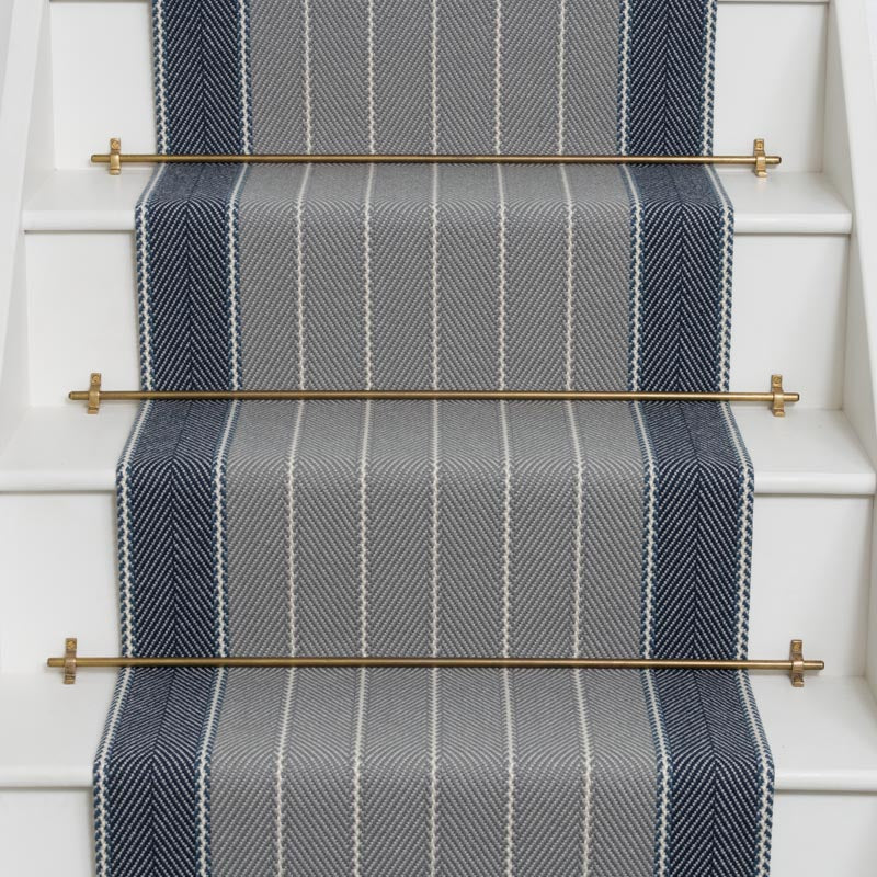 Striped herringbone in grey and blue on white staircase