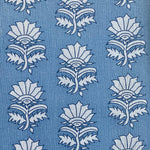 Detail of fabric in a repeating thistle print in navy and light blue on a blue field.