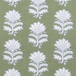 Detail of fabric in a repeating thistle print in white and blue on a green field.