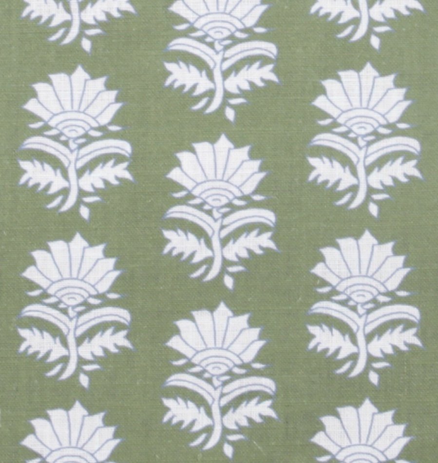 Detail of fabric in a repeating thistle print in white and blue on a green field.