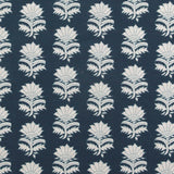 Detail of fabric in a repeating thistle print in white and blue on a navy field.