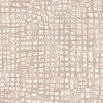 Close up detail of wallpaper in a textural wicker pattern in muted blush pink on a white field.