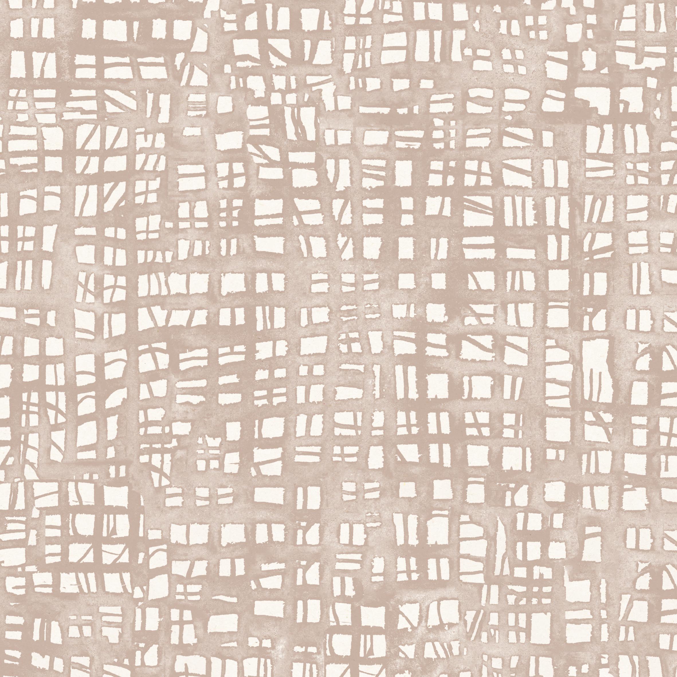 Close up detail of wallpaper in a textural wicker pattern in muted blush pink on a white field.