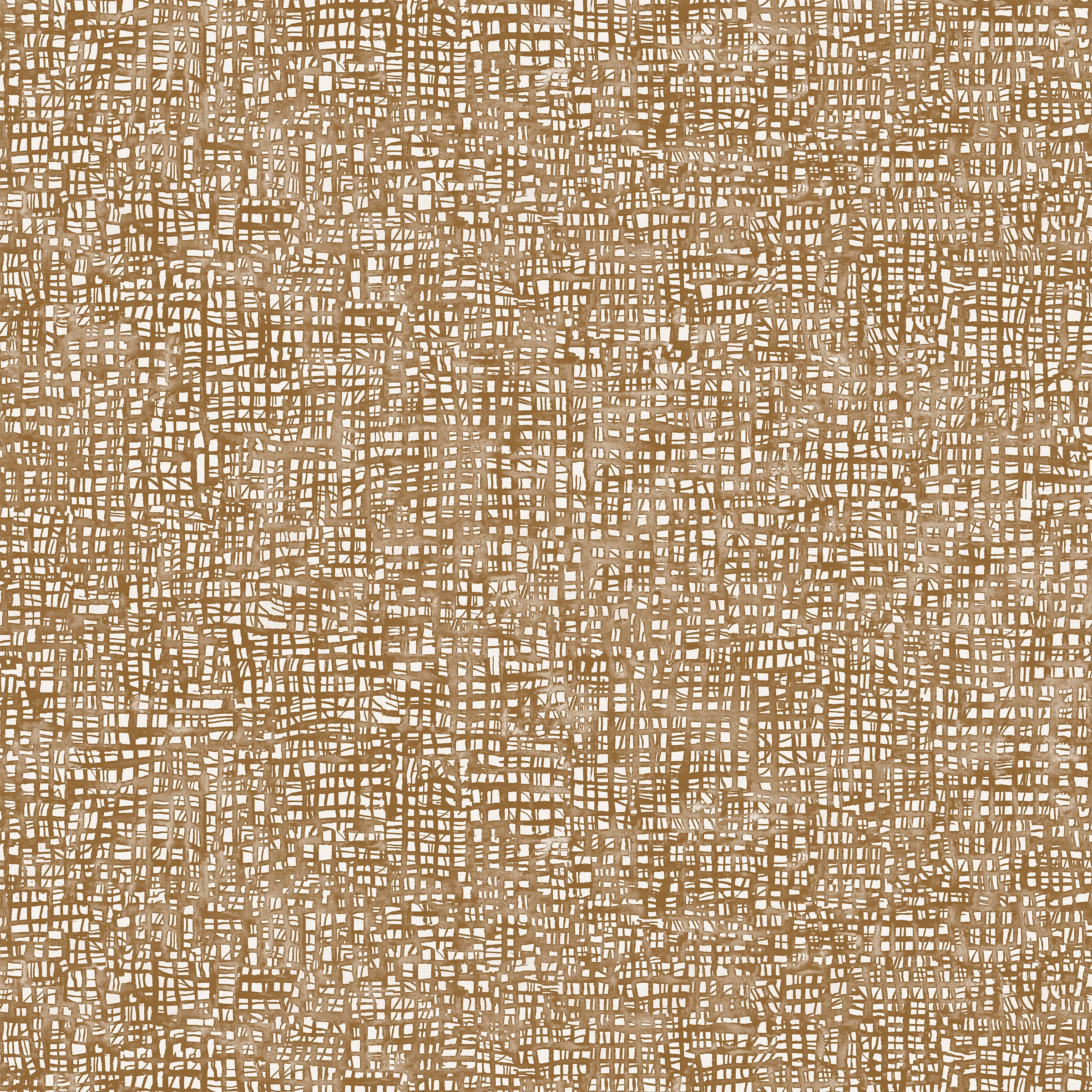 Detail of fabric in a textural wicker pattern in warm brown on a white field. 