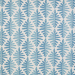 Detail of fabric in a fern leaf print in shades of blue on a white field.