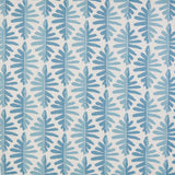 Detail of fabric in a fern leaf print in shades of blue on a white field.