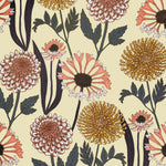 Pattern of colorful flowers on a light yellow background