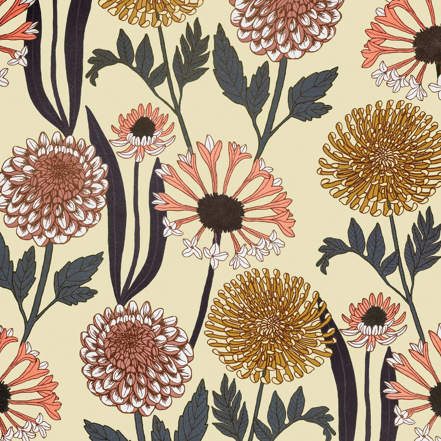 Pattern of colorful flowers on a light yellow background