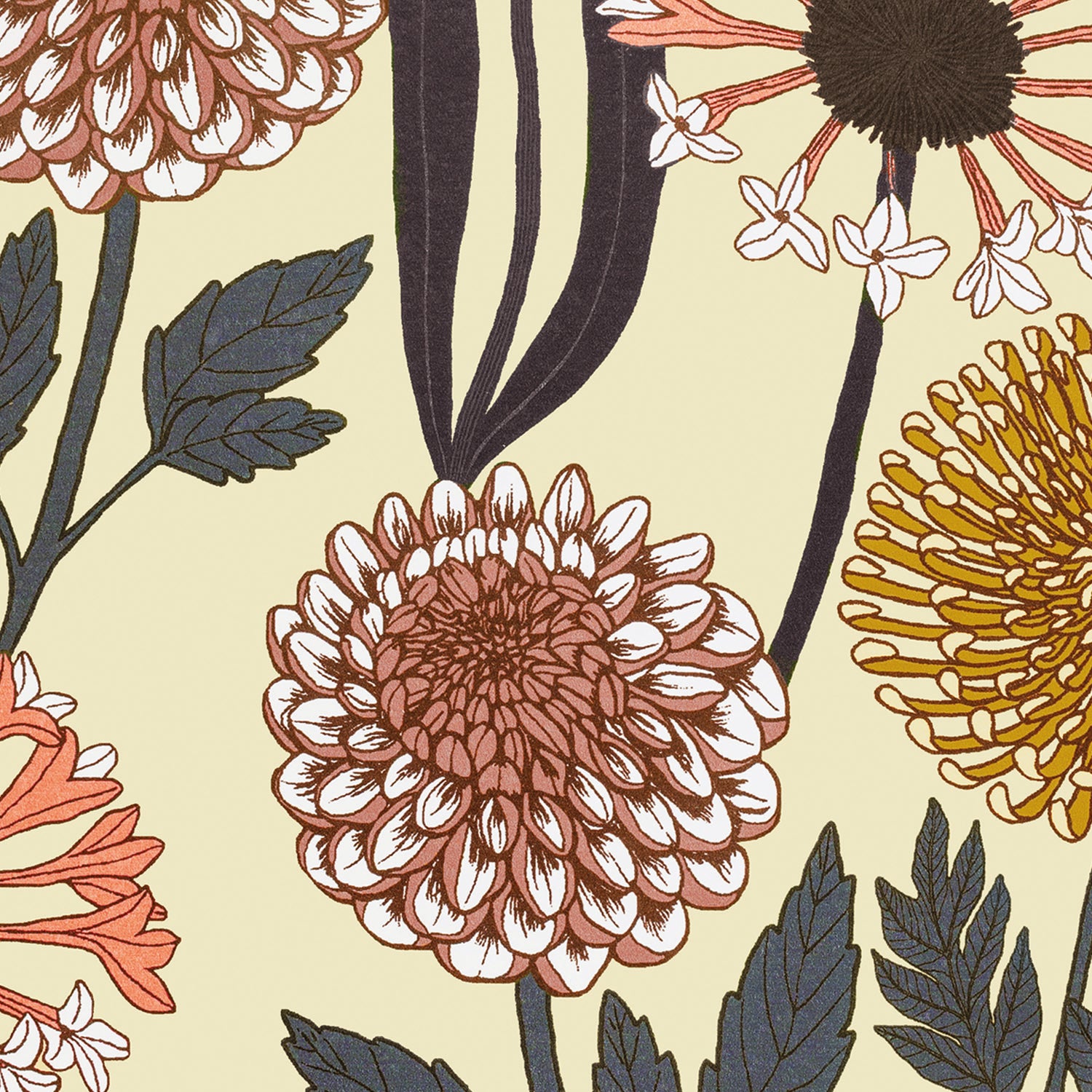 Floral pattern with pink, yellow, and red flowers on a light yellow background