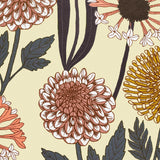 Floral pattern with pink, yellow, and red flowers on a light yellow background