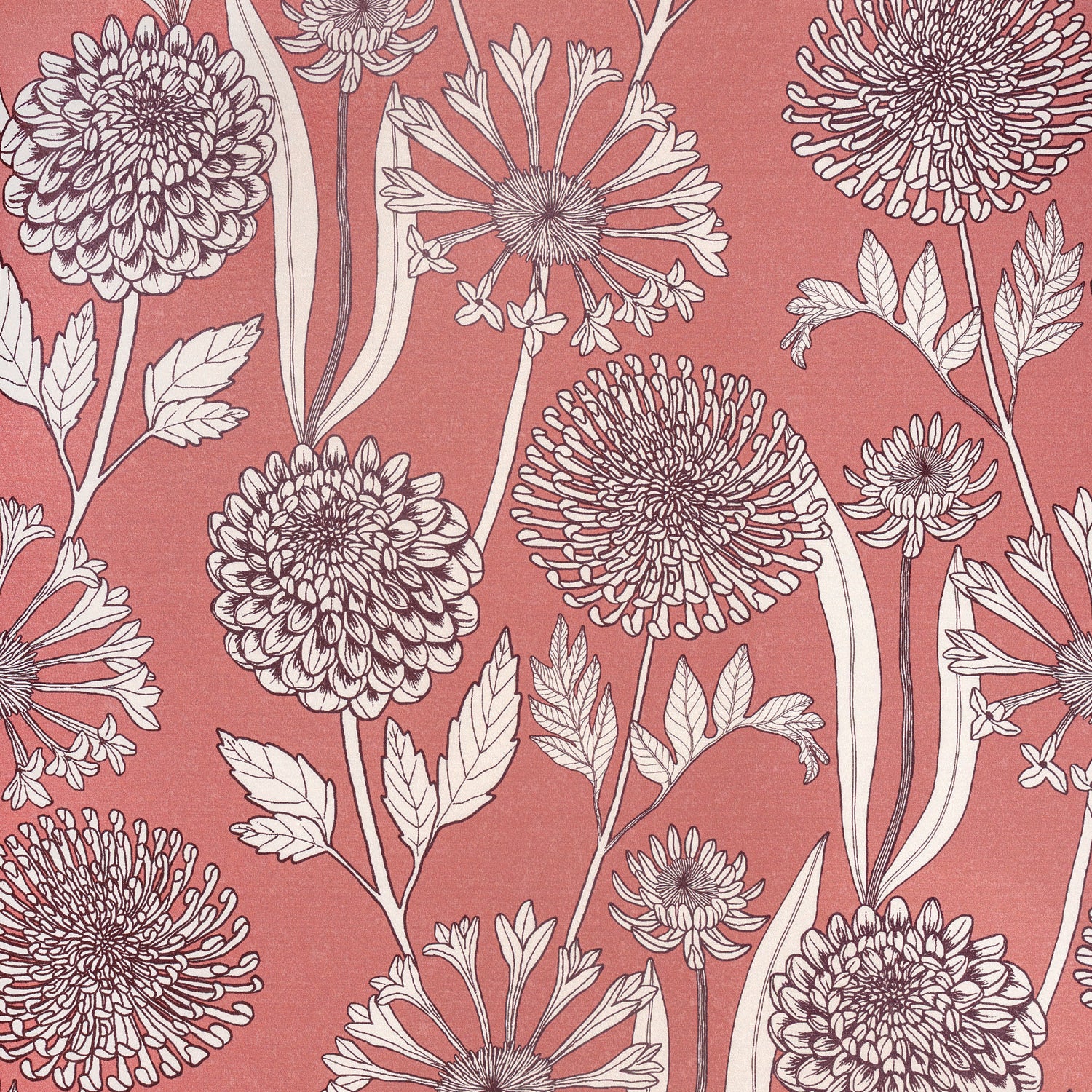 Large-scale floral print in purple and white on a light pink field.