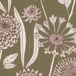 Botanical pattern of flowers and leaves on a green background
