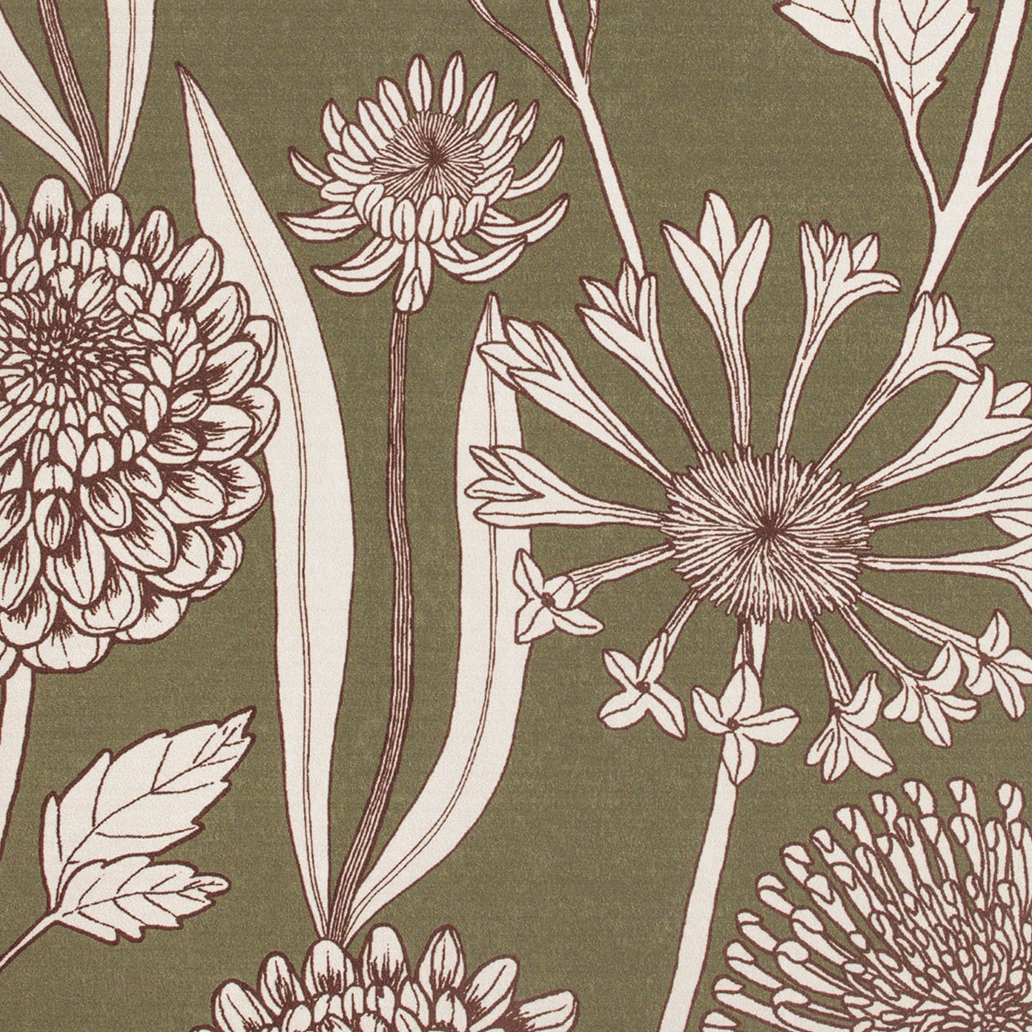 Botanical pattern of flowers and leaves on a green background