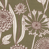 Botanical pattern of flowers and leaves on a green background