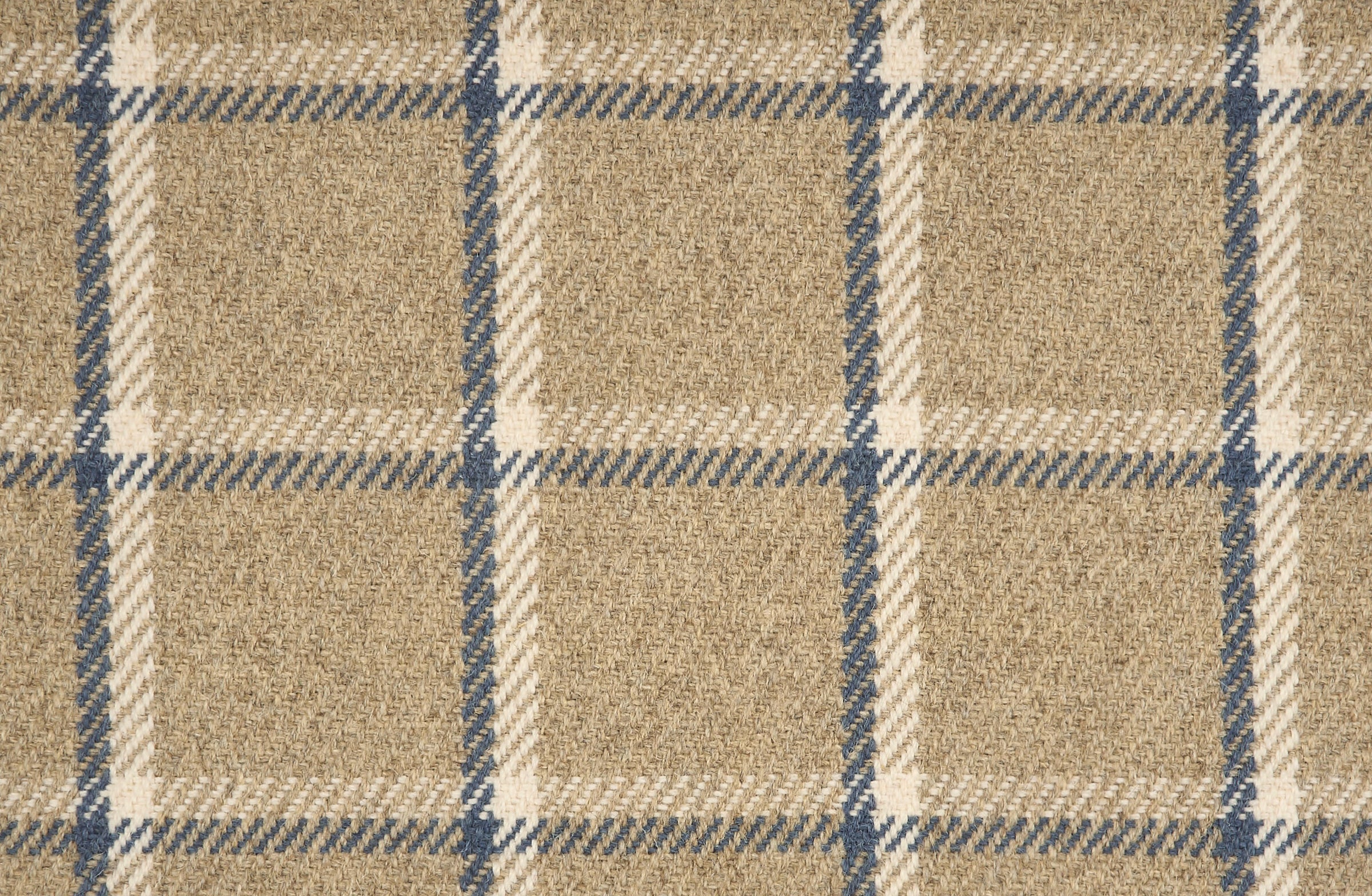 Broadloom carpet in a windowpane plaid in blue and cream on taupe. 