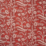 A close-up of a repeating floral and vine pattern in bright red and off-white.