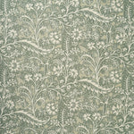 A close-up of a repeating floral and vine pattern in muted sage green and off-white.