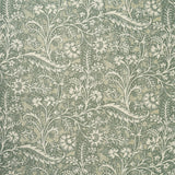 A close-up of a repeating floral and vine pattern in muted sage green and off-white.