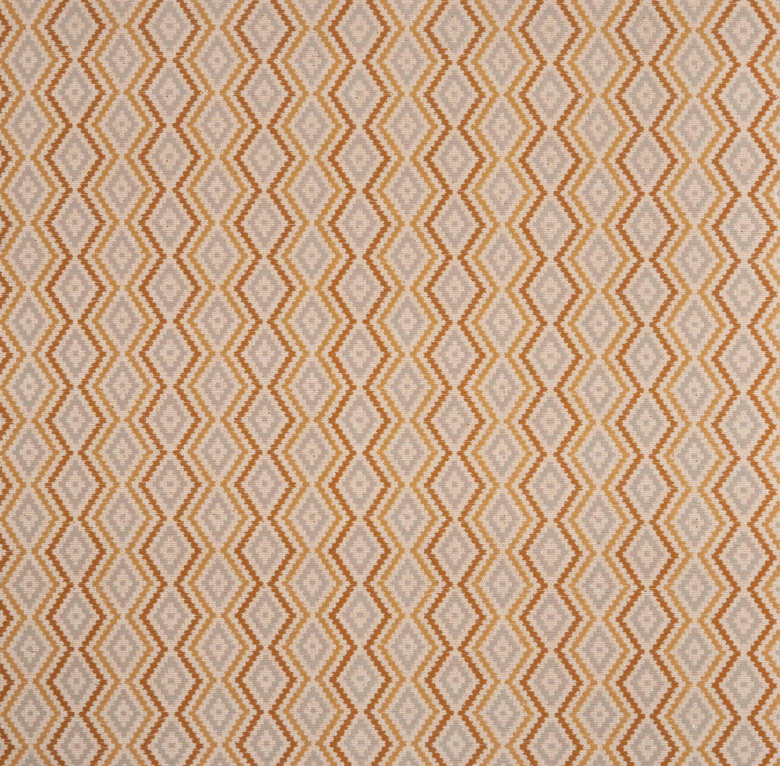 Patterned fabric with a blue and orange zigzag design on a beige background