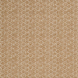 Detail of a linen fabric in a detailed geometric pattern in cream on a camel field.
