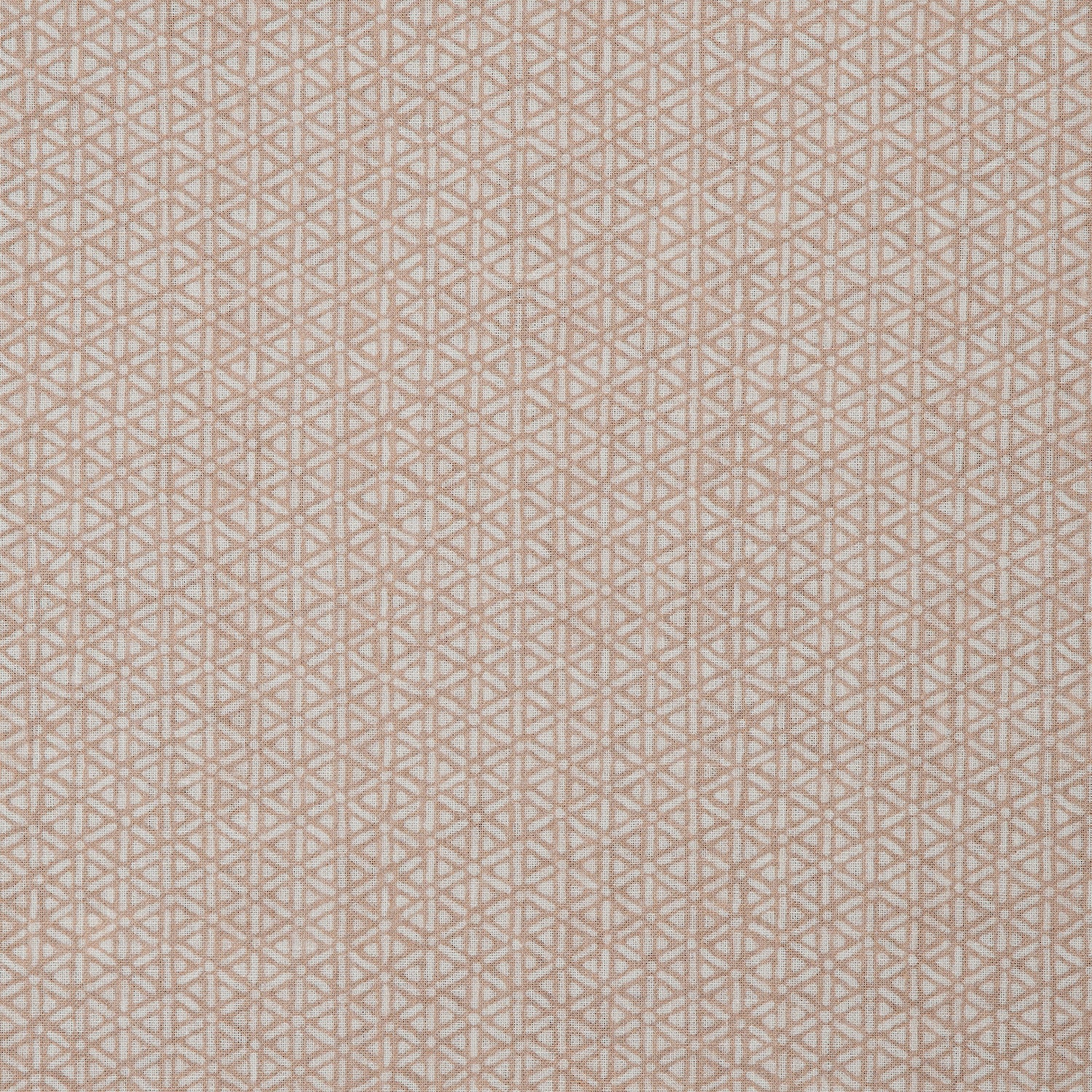 Detail of a linen fabric in a detailed geometric pattern in white on a light pink field.