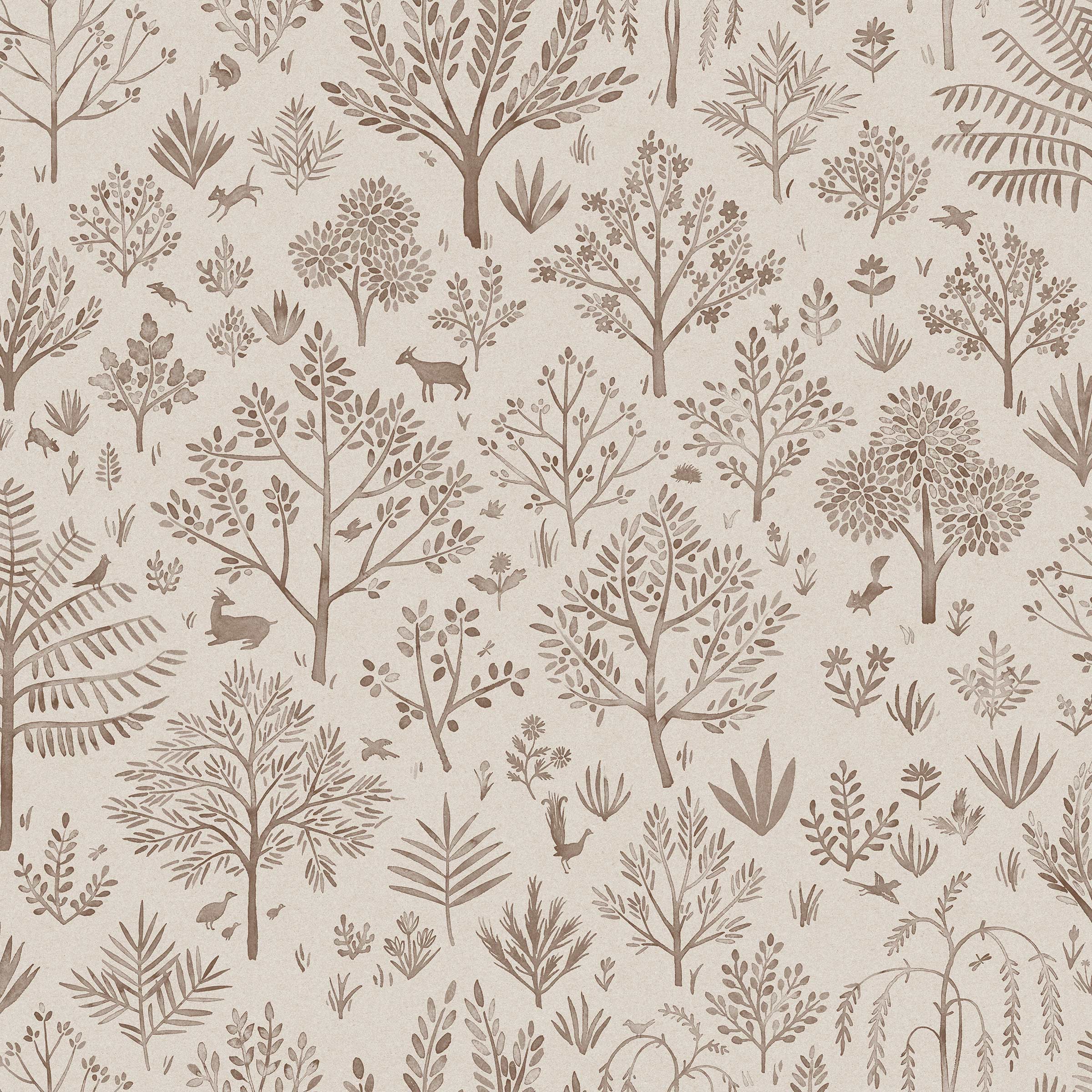 Detail of wallpaper in a playful animal and tree print in brown on a cream field.