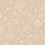 Detail of wallpaper in a playful animal and tree print in white on a tan field.