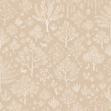Detail of wallpaper in a playful animal and tree print in white on a tan field.