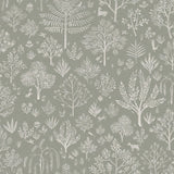 Detail of fabric in a playful animal and tree print in white on a sage field.