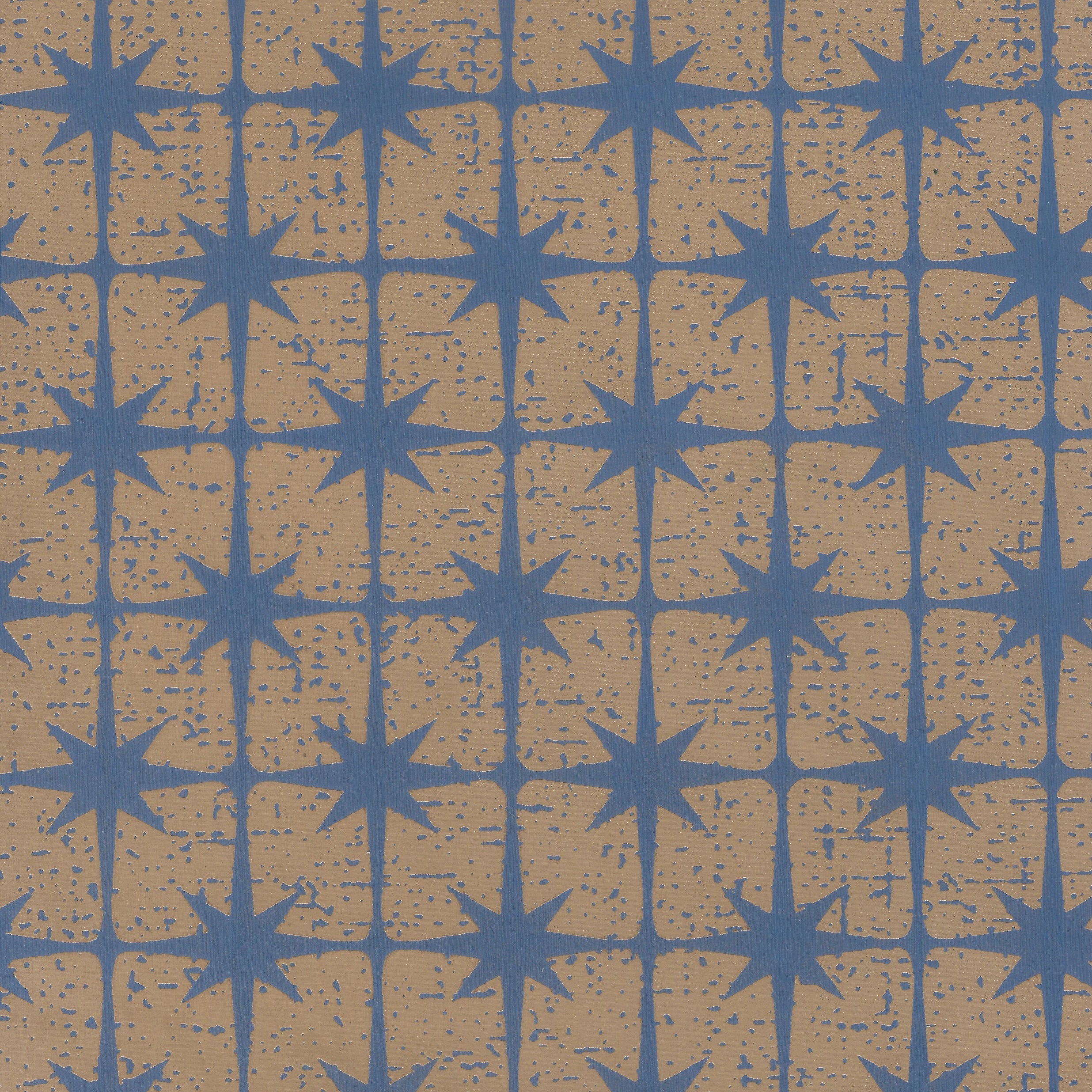Detail of wallpaper in a geometric damask print in blue on a gold field.