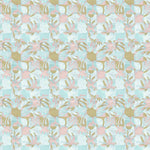 Painterly tropical checkerboard design in aqua blue, pink and tan.