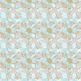 Painterly tropical checkerboard design in aqua blue, pink and tan.