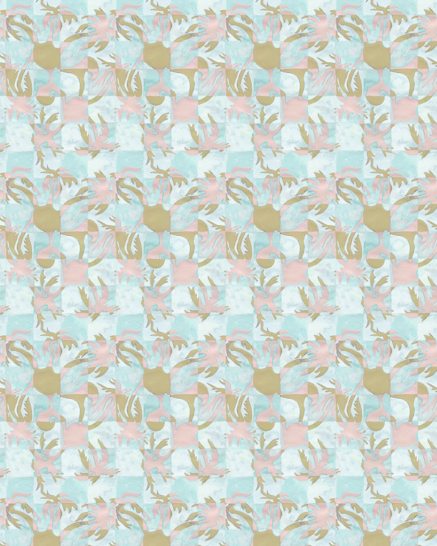 Painterly tropical checkerboard design in aqua blue, pink and tan.