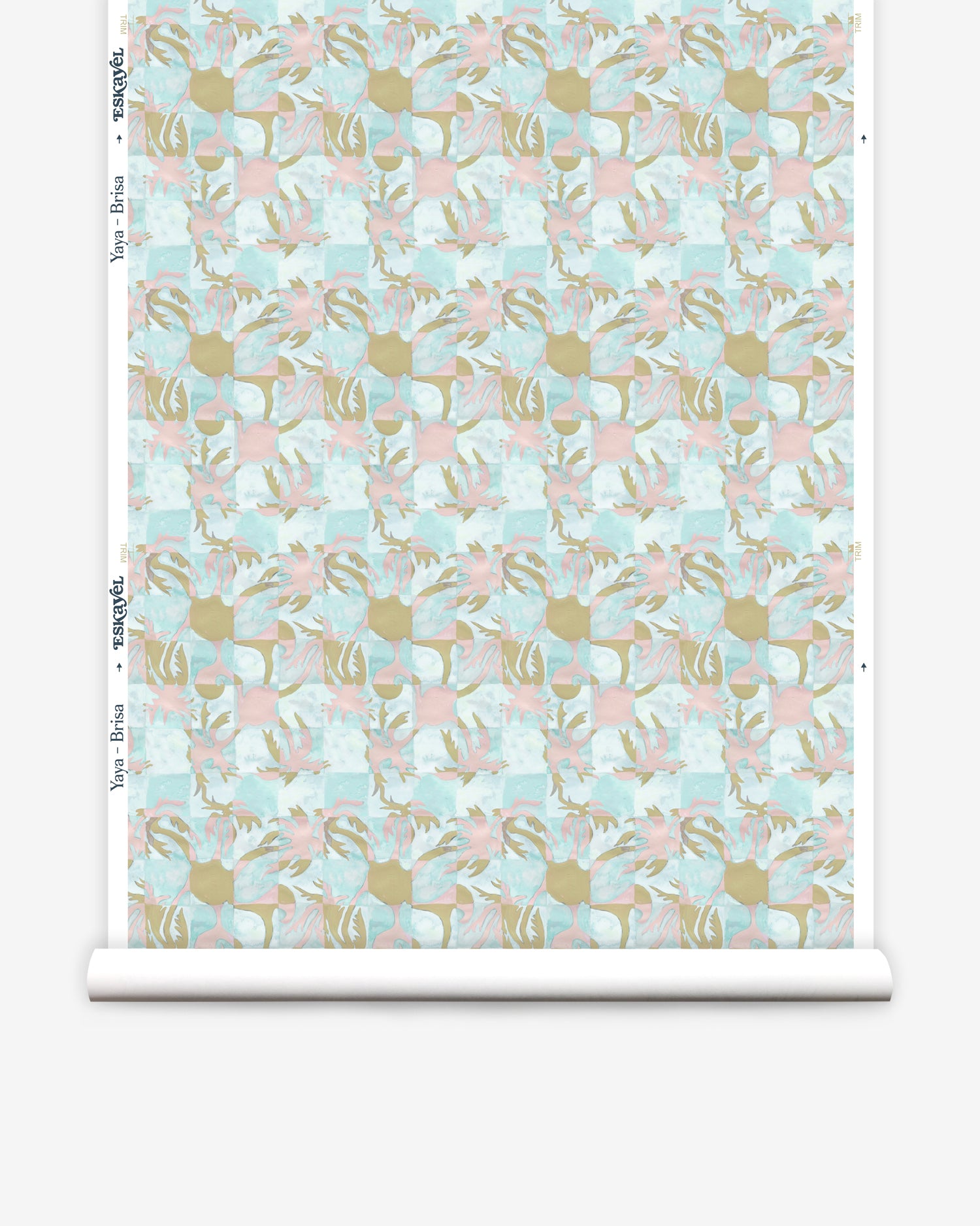 Wallpaper roll with painterly tropical checkerboard design in aqua blue, pink and tan.