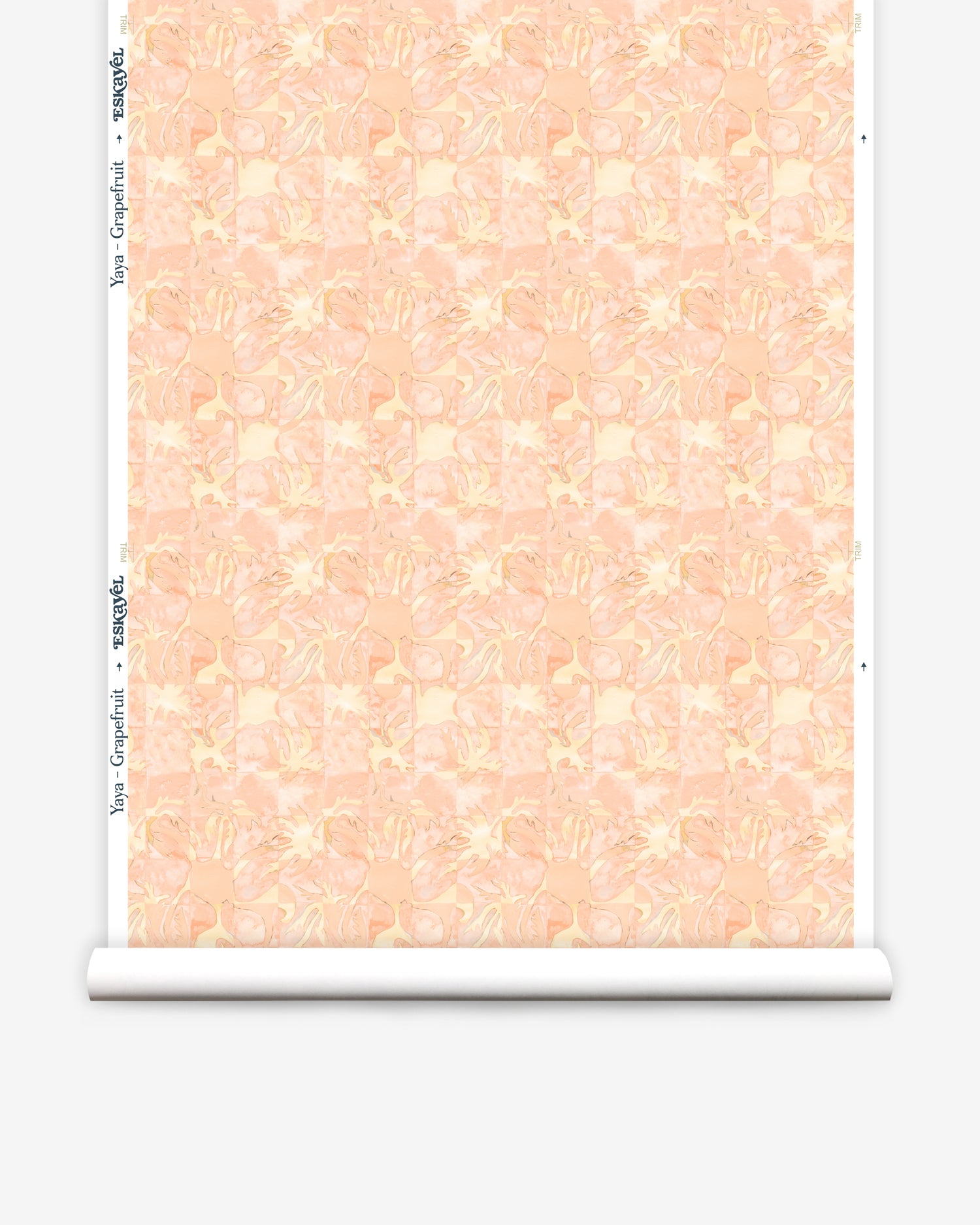 Roll of wallpaper in painterly tropical checkerboard design in pinky orange and yellow. 