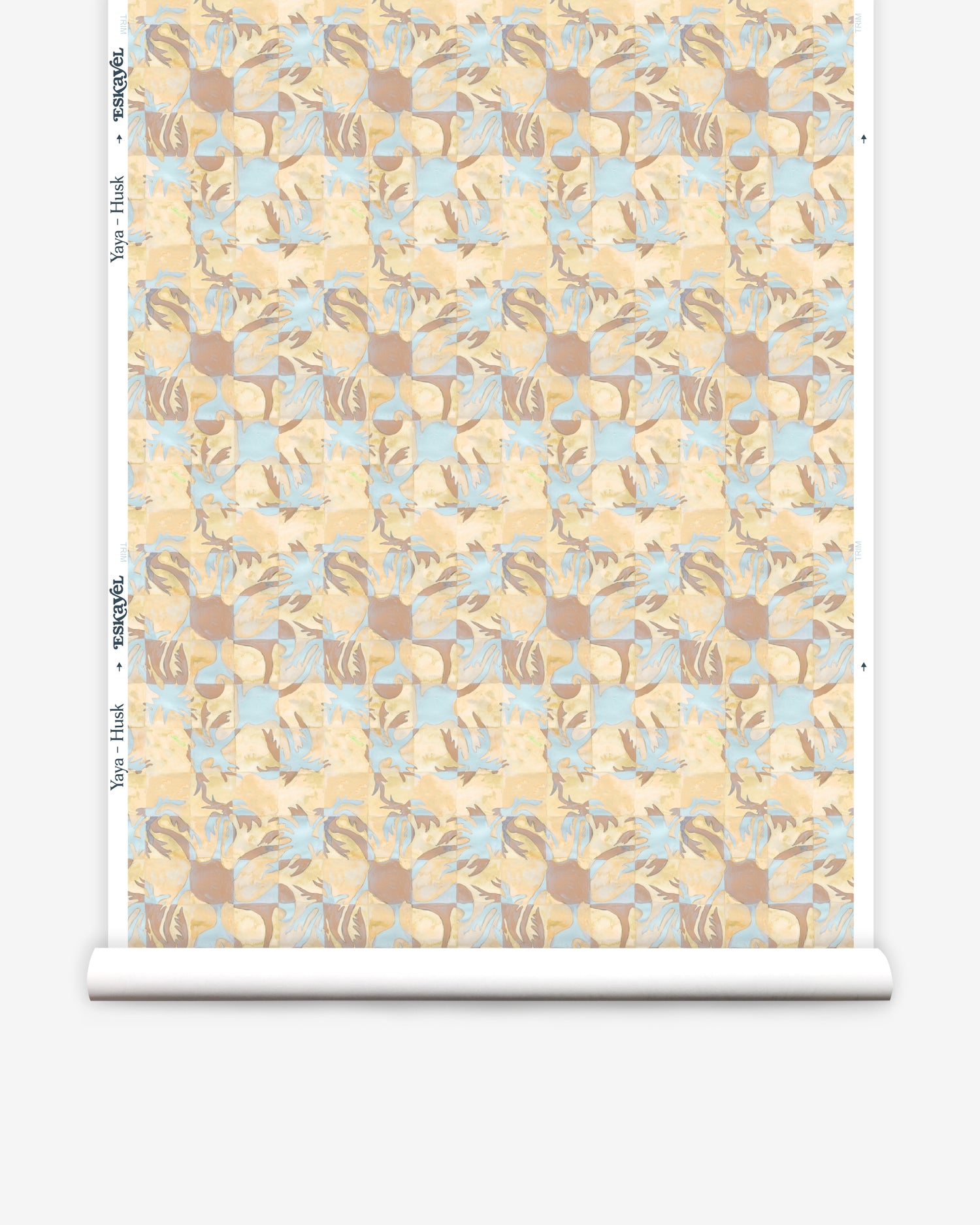 Wallpaper roll in painterly tropical checkerboard design in yellow, tan and blue. 