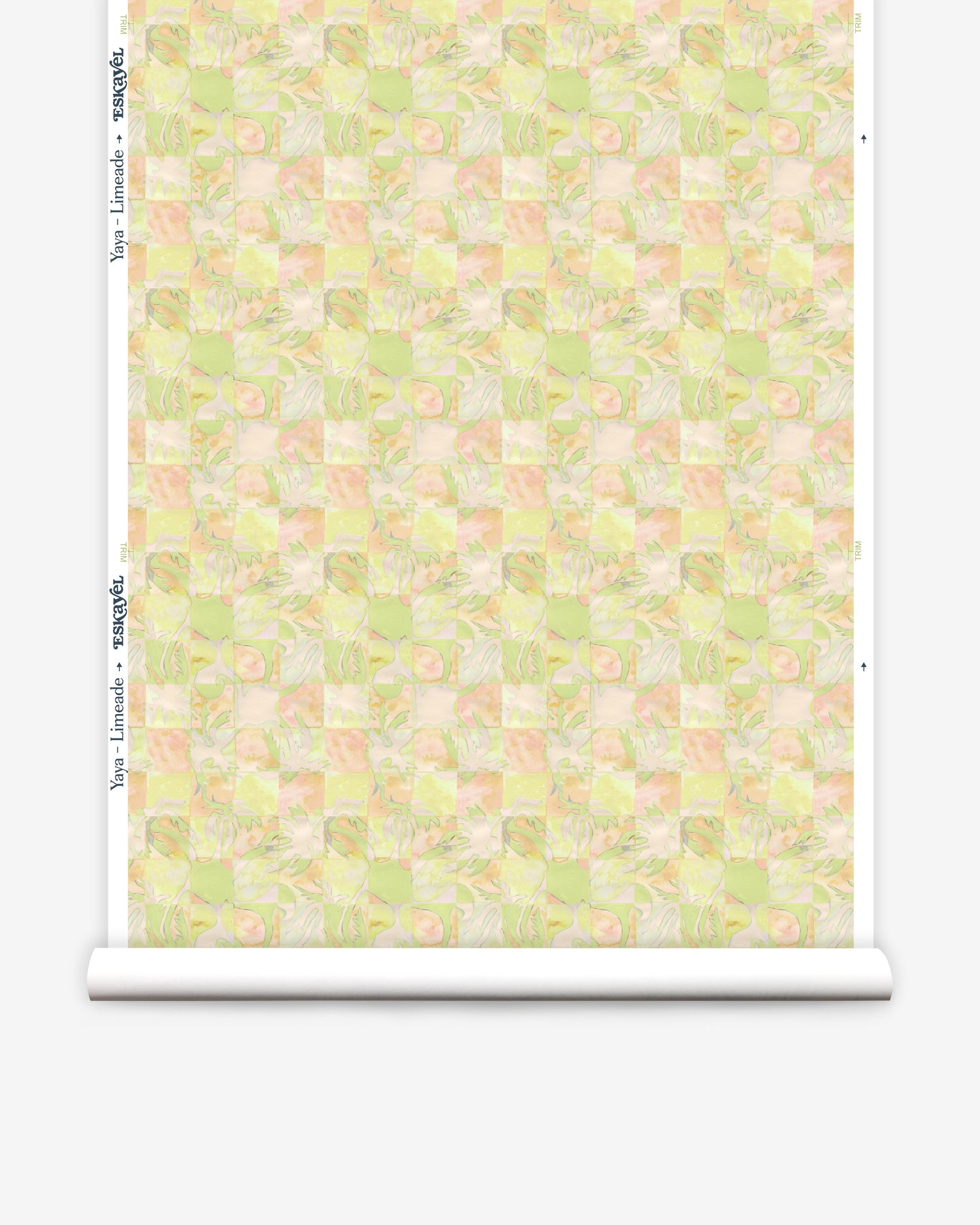 Wallpaper roll in painterly tropical checkerboard design in lime green, yellow and orange. 