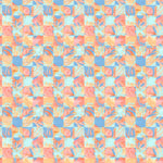 Painterly tropical checkerboard design in blue, coral and orange. 