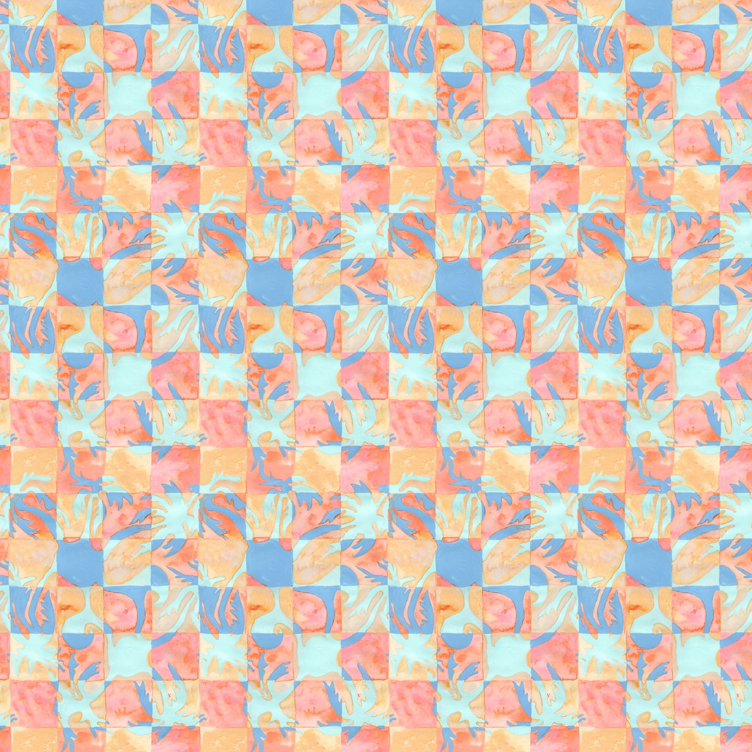 Painterly tropical checkerboard design in blue, coral and orange. 