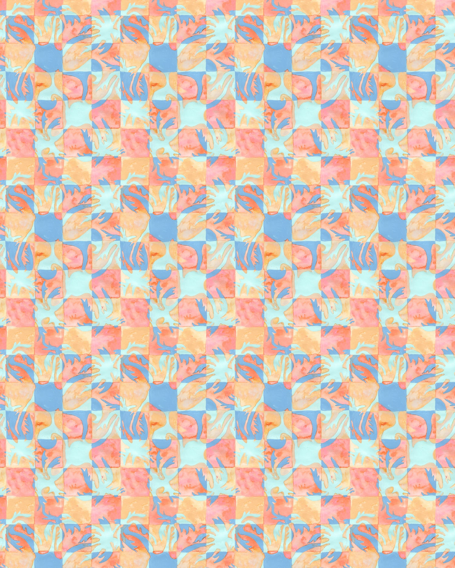 Painterly tropical checkerboard design in blue, coral and orange. 