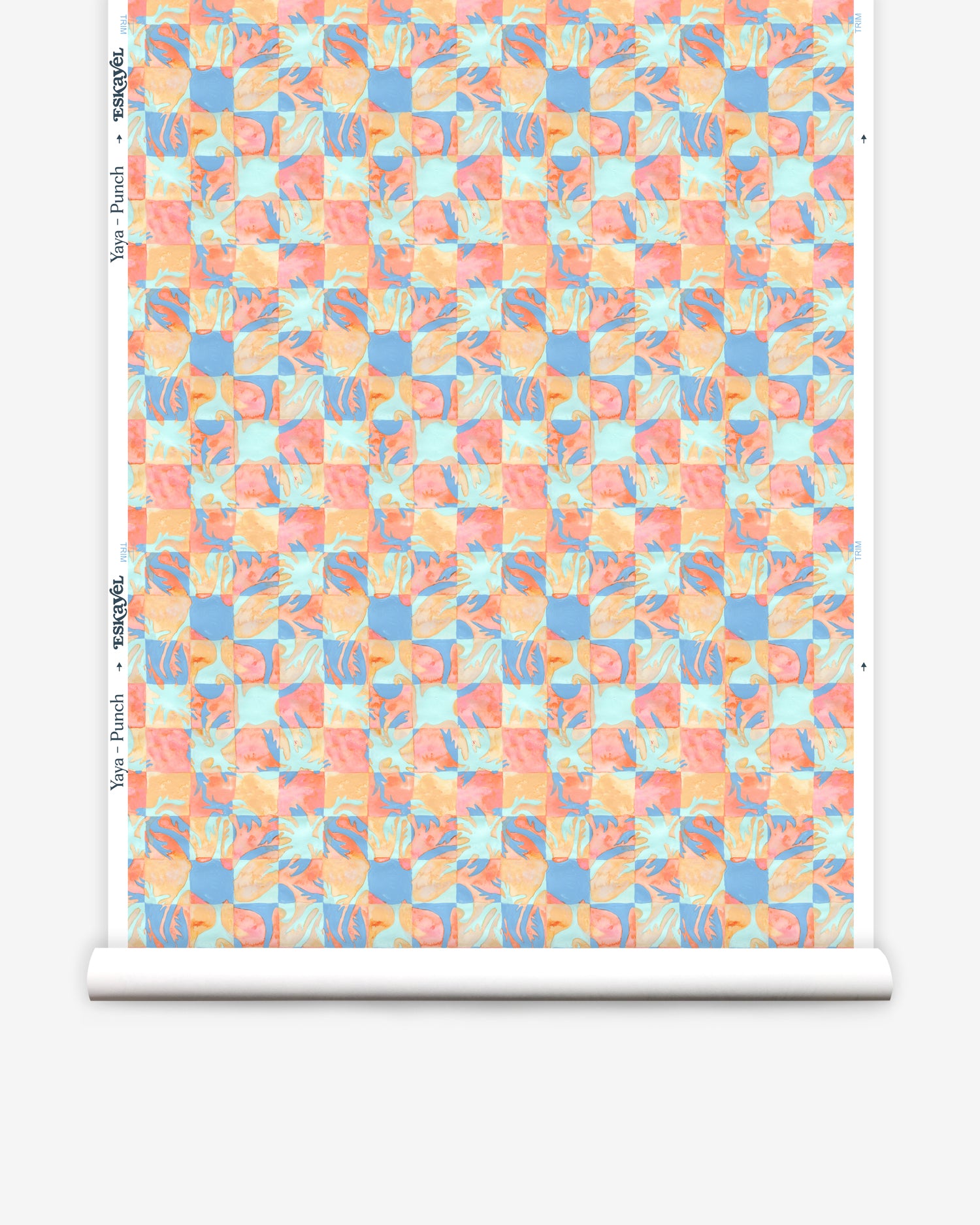 Roll of wallpaper in painterly tropical checkerboard design in blue, coral and orange. 