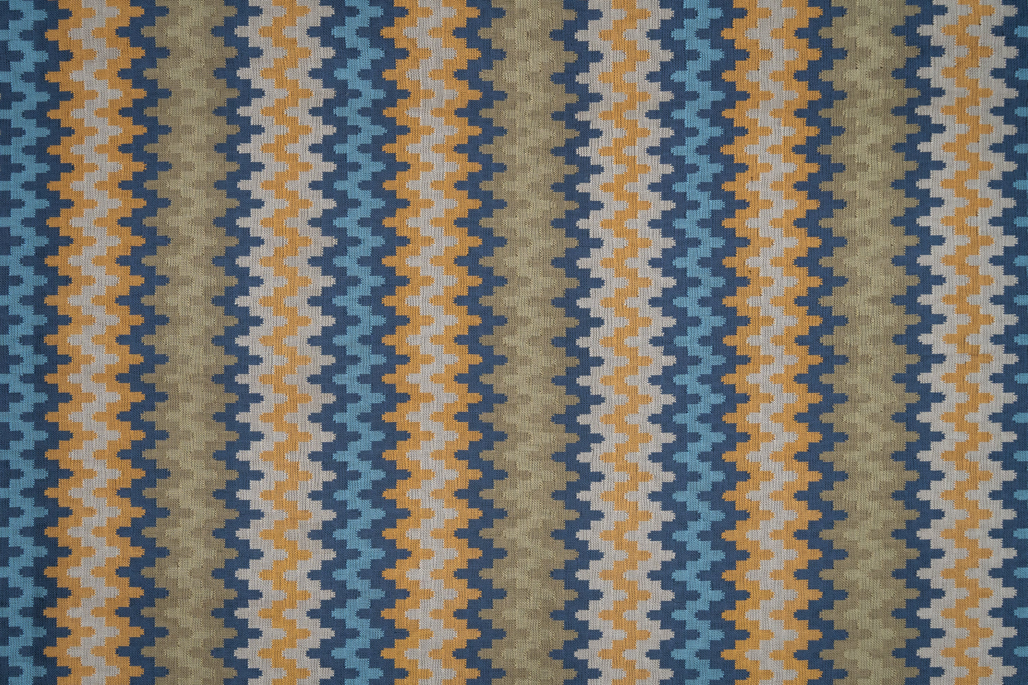 Handwoven silk fabric with zigzag design  blue, orange, and beige stripes