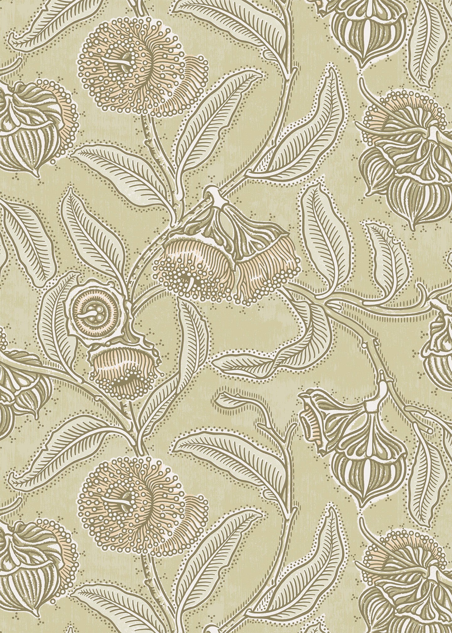 Wallpaper in a decorative floral pattern on a beige background