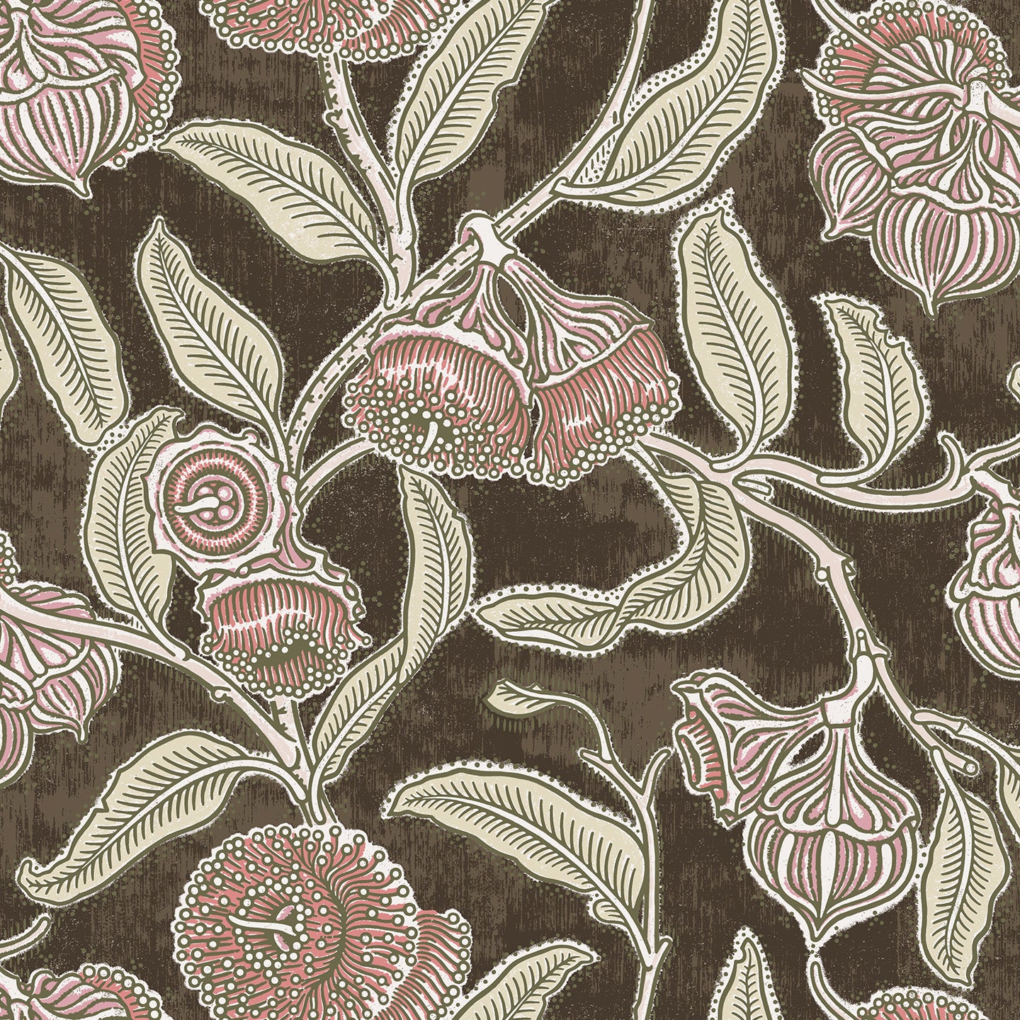 Wallpaper in a floral pattern with pink flowers and green leaves on a brown background