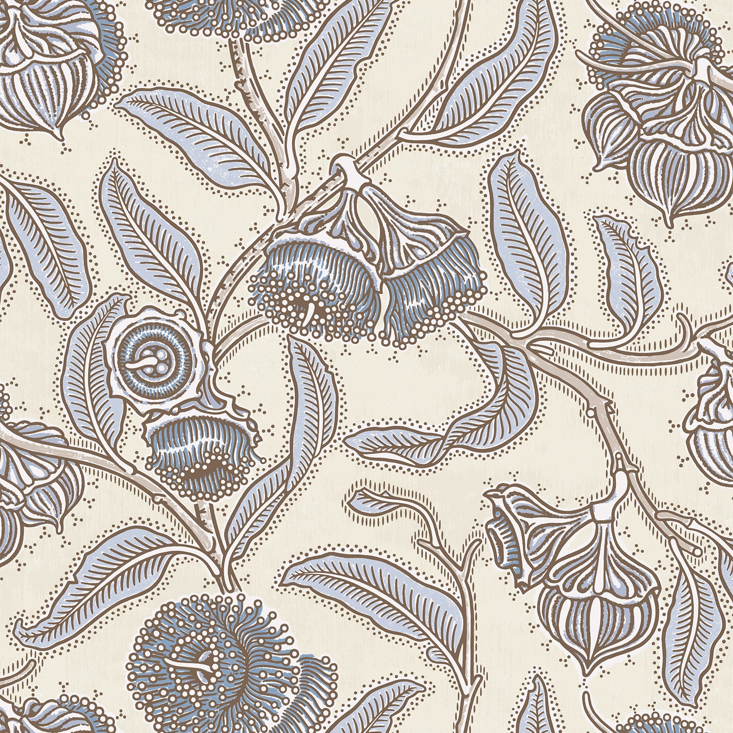 Wallpaper in a decorative floral pattern with blue flowers and leaves on a beige background